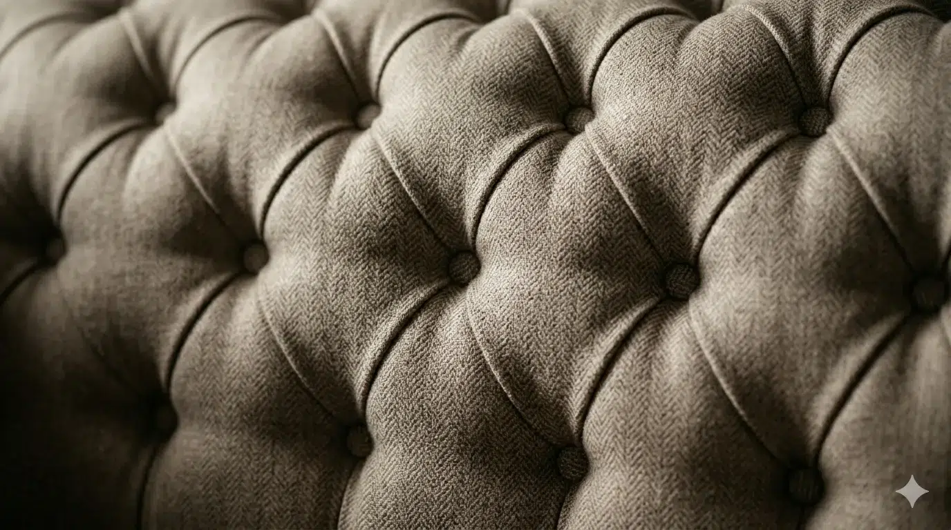 نمای نزدیک از لوزی‌های لمسه‌دوزی شده و دکمه‌های عمیق تکیه‌گاه مبل چستر
